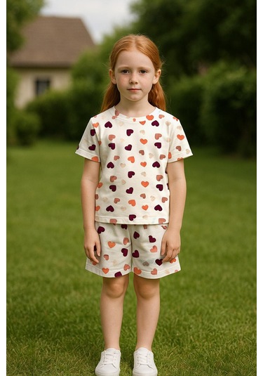 Kız Çocuk Renkli Kalpler %100 Pamuklu Pijama Takımı 3-4 Yaş 8-9 Yaş Beyaz