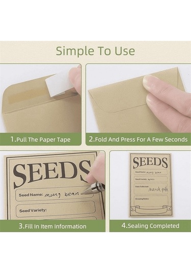 Pazly 100 Adet 8x12 Cm Kraft Kağıt Tohum Depolama Zarfı, Kendinden Kapatan, Dört Bölmeli Etiketli, Çok Amaçlı