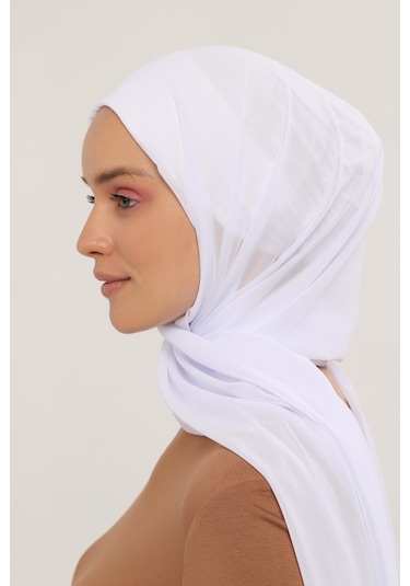 Hazır Pratik Lüks Geçmeli Lastikli Boneli Şifon Şal Beyaz