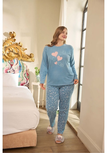 Aydoğan Kadın Suzi Büyük Beden Termal Mavi Pijama Takım 0686 Mavi