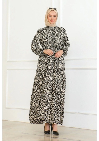 Viskon Elbise Bağlamalı - Siyah/krem Siyah/krem Siyah - Krem