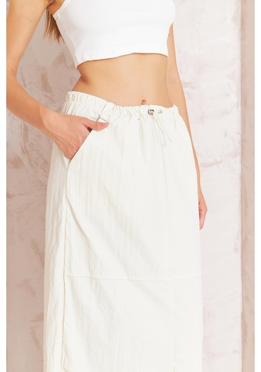 Kadın Ekru Paraşüt Etek Midi Cep Detaylı Beli Lastikli Stoperli Dm2036 Ekru