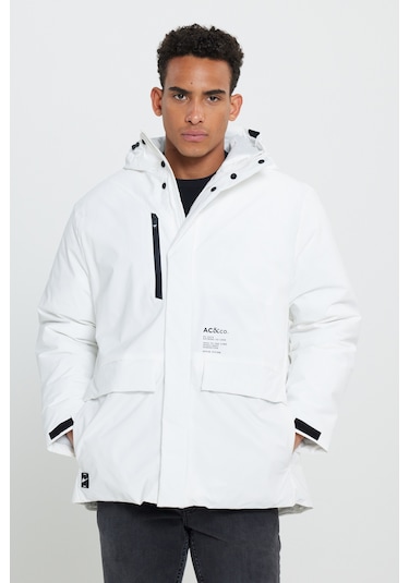 Ac&Co / Altınyıldız Classics Erkek Beyaz Kapüşonlu Dik Yaka Standart Fit Kaban Beyaz
