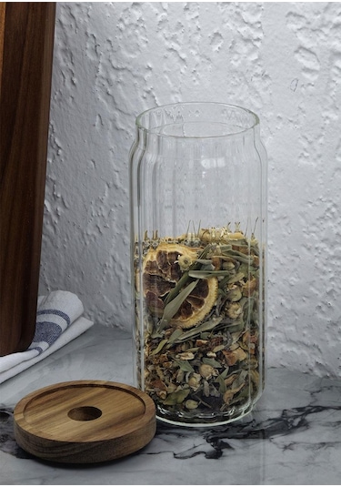 Timber Cam Kavanoz - Çizgili Saklama Kavanozu - Ahşap Kapaklı, 950 Ml