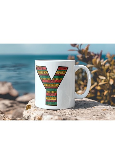 Y Harfi Etnik Desenli Kupa - Afrika Tarzı Kahve Çay Kupası - Hediyelik - Black History Beyaz