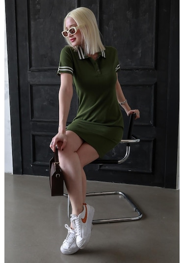 Madmext Haki Polo Yaka Şerit Detaylı Kadın Elbise Mg2344