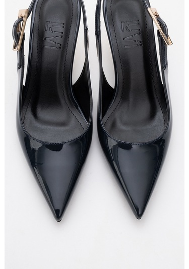 Arty Lacivert Rugan Tokalı Sivri Burun Arkası Açık Kadın İnce Topuklu Ayakkabı Lacivert