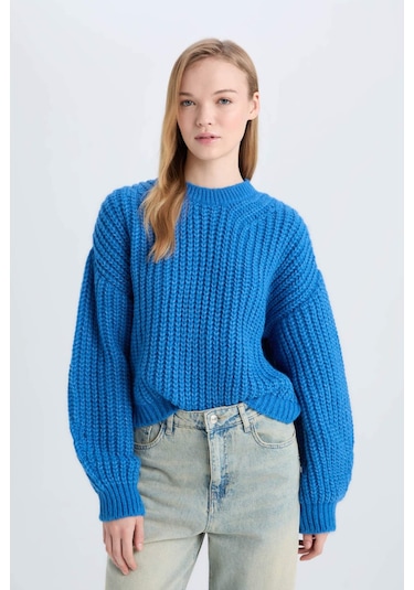 DeFacto Coool Oversize Geniş Kalıp Bisiklet Yaka Triko Kazak V1811AZ24CWBE124 Mavi