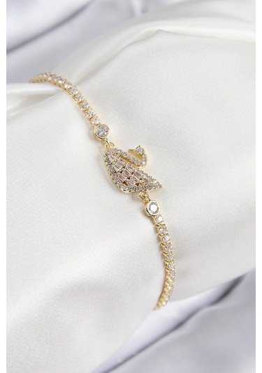 Pirinç Zirkon Taşlı Kuğu Model Gold Renk Kadın Bileklik Çok Renkli