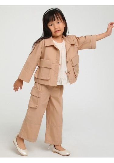 Kız Çocuk Erkek Yaka Cepli İki Düğmeli Ceket-15124 Kahverengi