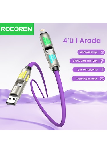 Rocoren 240w 4'ü 1 Arada Type-c / Usb-a / Lightning Mor Silikon Şarj Ve Data Kablosu 1.2 Metre