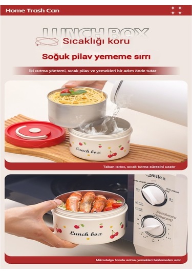 Skycity 1050ml Çelik Isı Saklama Yemek Kutusu, Çift Katlı Öğrenci Bento, Kiraz Desenli, Isı Saklama Çantası Ve Besteği İle Beyaz - Kırmızı