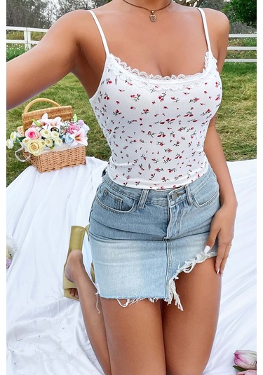 Merry See Çiçek Desenli Askılı Atlet Bluz Crop Top Çok Renkli