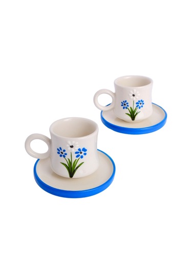 2 Li Takım Mavi Papatya Desenli, El Yapımı Kazan Seramik Kahve Fincanı, Kahve Fincanı, Hand Made Beyaz