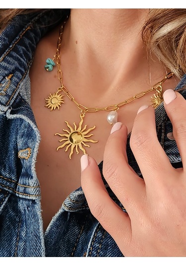 Güneş İnci Firuze Taş Model Charmlı Yaz Beach Plaj Tatil Kolye 46cm Gold