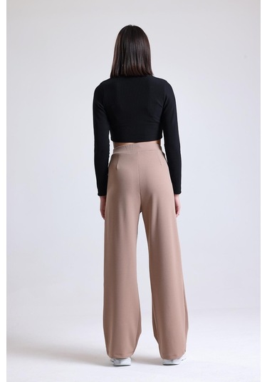 Kadın Wide Leg Likralı Cırt Kapamalı Lastikli Palazzo Pantolon - Kahverengi