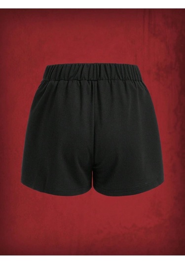 Desen Penye Şort - Siyah Baskılı Kısa Kordonsuz Siyah