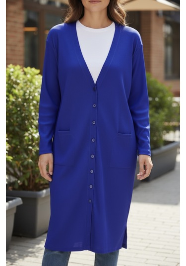 Kadın Önü Düğmeli V Yaka Cepli Mevsimlik Hırka Saks Mavi