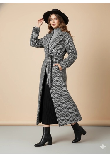 Balıksırtı/Chevron Desenli Yün Palto Kuşak Bağlama Detaylı Uzun Kaban Gri Kışlık Gri