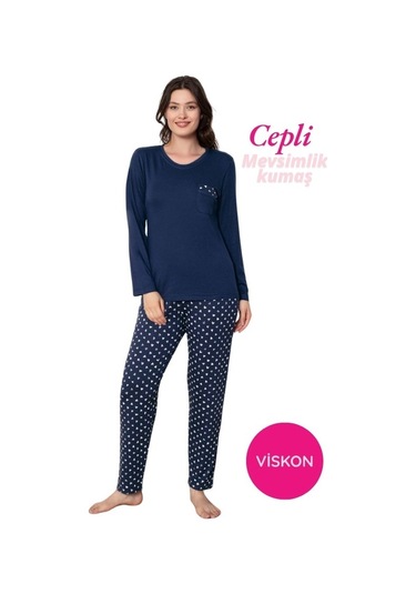 Kadın Bisiklet Yaka Düğmesiz Dökümlü Viskon Mevsimlik Uzun Kol Cepli Pijama Takımı Lacivert