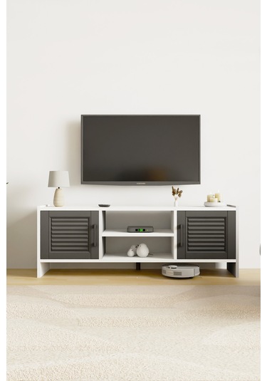 Molde Retro Tv Sehpası Mdf Membran Kapaklı Raflı Tv Ünitesi Televizyon Sehpası Beyaz - Antrasit