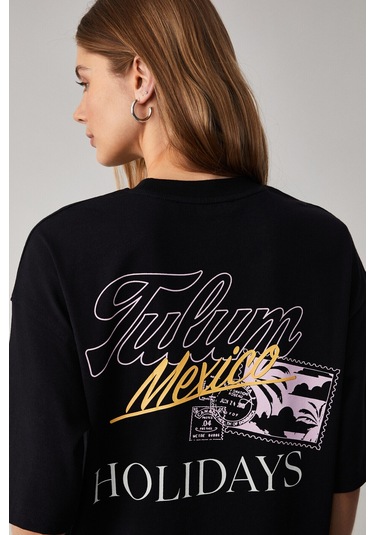 CAITLYN Kadın Oversize Bisiklet Yaka Siyah T-Shirt