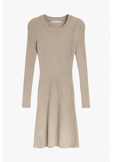 6888 Kadın Bisiklet Yaka Triko Elbise Vizon Vizon