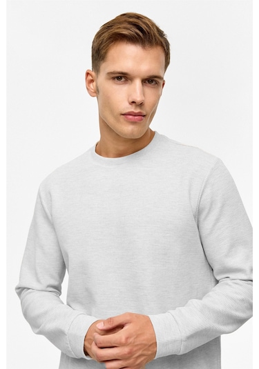 Süvari Bol Kesim O Yaka Melanj Desenli Waffle Sweatshirt Taş S01