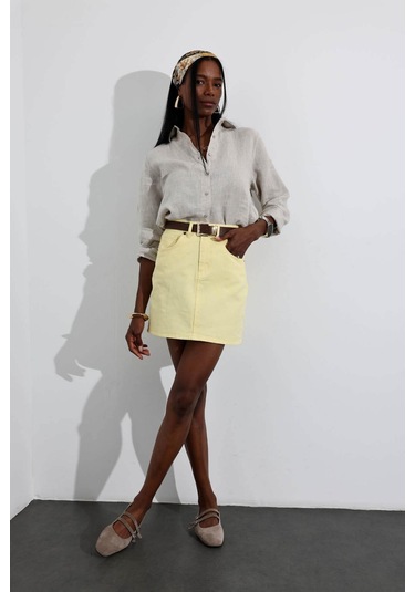 Sarı Mini Denim Etek Sarı