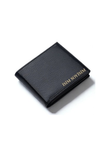 Erkek Hakiki Deri Cüzdan İsim Baskılı Yatay Model Siyah