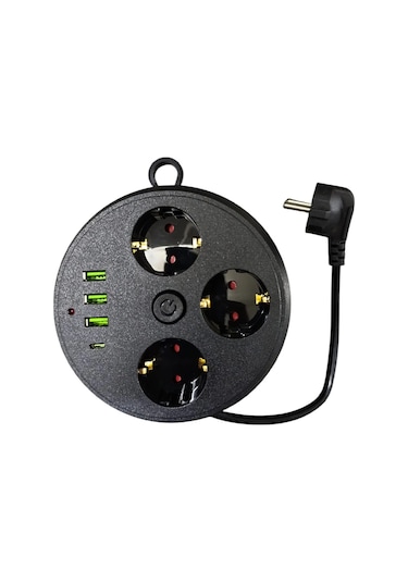 3 Lü Akım Korumalı Priz Makaralı Anahtarlı 16a 4000 Watt 3 X Usb - 1 Type-c 3395 1