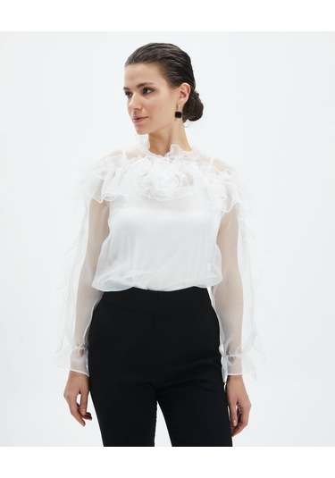 Kadın Volan Detaylı Şifon Bluz Çiçek Yaka Tasarım, Uzun Kollu Ekru