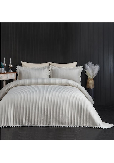 Evlen Home Collection Ponponlu Çift Kişilik %100 Pamuk Yatak Örtüsü Pike Takımı Krem Beyaz
