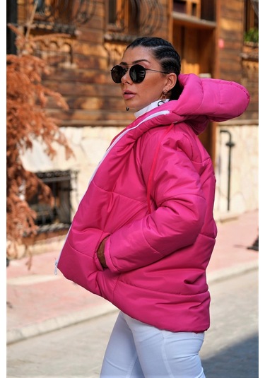 Kadın Fuşya Su Geçirmez Kapüşonlu Şişme Mont