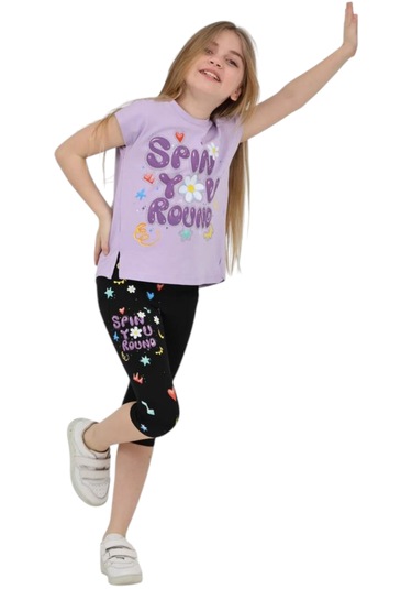 Kız Çocuk Spin You Yazılı Kapri Taytlı Tişörtlü Takım