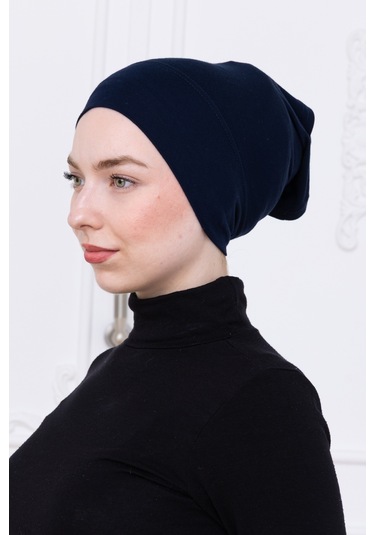 Pratik Boru Bone Lacivert Geçmeli - Kaymaz Önü Dikişsiz Kadın Tesettür Hazır İç Bone Lacivert