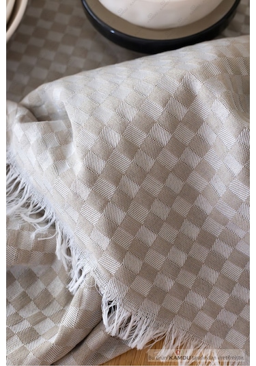 1 Adet 130x170cm Dama Desenli Masa Örtüsü, Sofra Bezi, Piknik Örtüsü, Ekose Desenli Masa Örtüsü Bej
