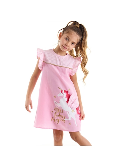 Denokids Mshb&g Kanatlı Unicorn Kız Ekose Pembe Elbise Pembe