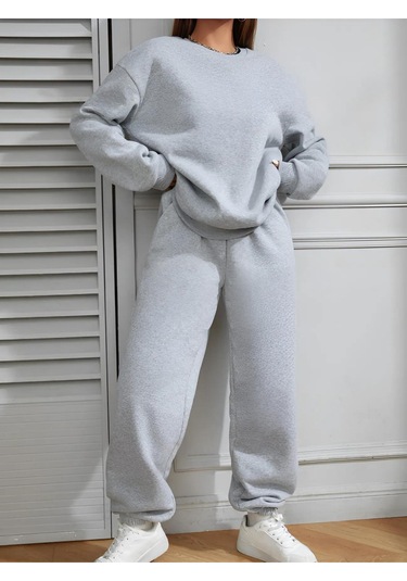 Düz Kalın Kışlık Eşofman Takımı - Gri Sweatshirt Jogger Oversize Sıfır Yaka Gri