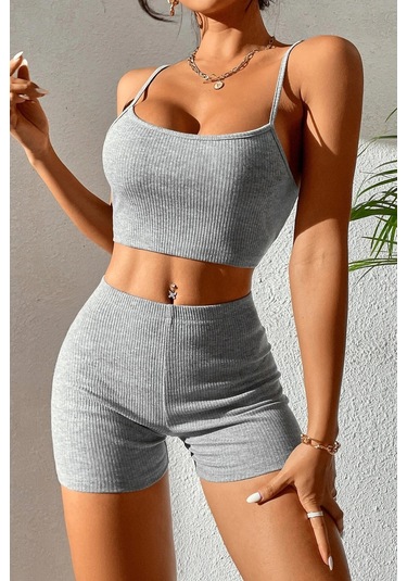 Kadın Gri Melanj Şortlu Kaşkorse Gecelik Takım Çok Renkli