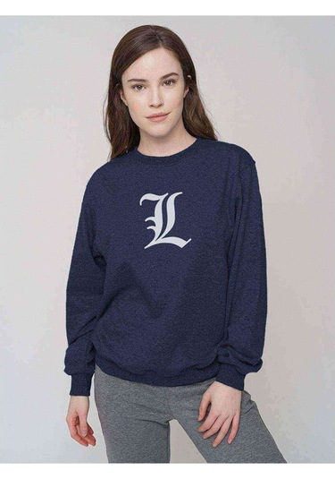 L Deadnote Baskılı Indigo Mavi Kadın Sweatshirt