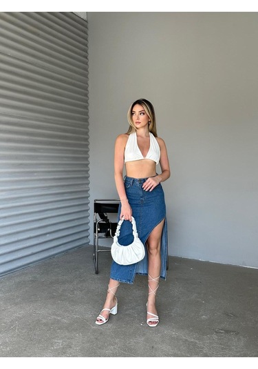 Shevega Kadın Mavi Uzun Ön Parçali Asimetrik Kot Etek Mavi