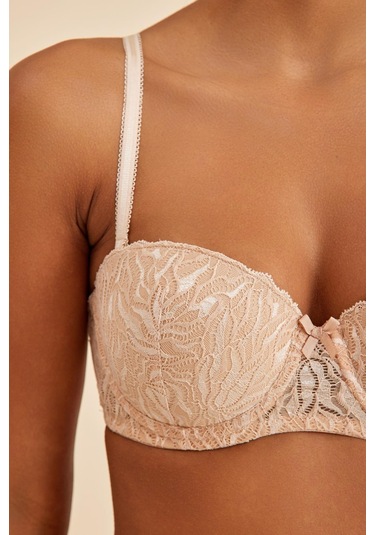 Amy Ten Balenli Dantelli Dolgusuz Pedli Toparlayıcı Straplez Sütyen Ten