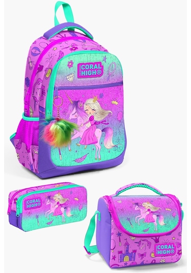 Coral High Kids Açık Pembe Mor Unicornlu Prenses Desenli 3 Lü Okul Çanta Seti Set0123481