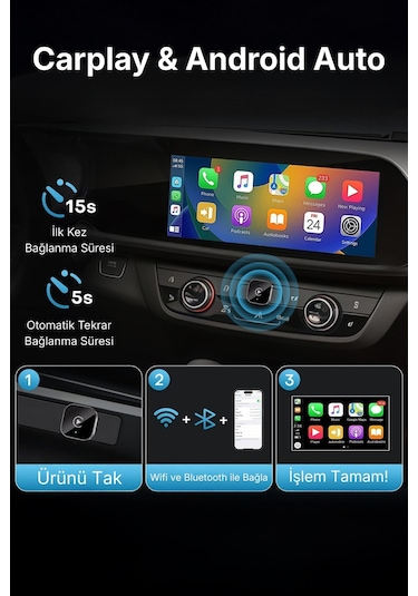 Kablosuz Android Auto Ve Carplay Adaptörü Apple Ve Android Cihazlar İle Uyumlu 10"