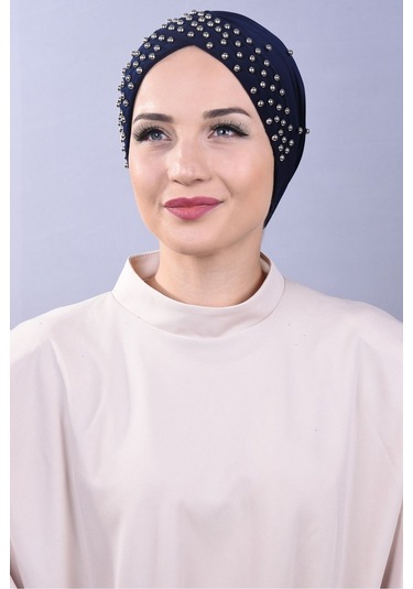 Kadın Tesettür İncili Taşlı Havuz Dış Bone Lacivert Lacivert