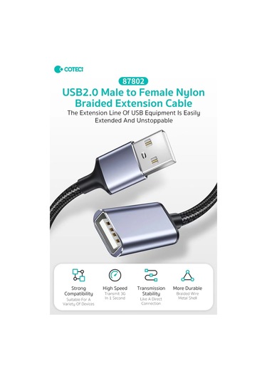 Usb Uzatma Kablosu Dişi Erkek Usb 2.0 Data Şarj Yazıcı Klavye Mouse Uzatıcı Örgülü 2 Metre