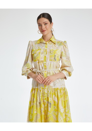 Desenli Kadın Gömlek Elbise - Cepli - Kemerli - Günlük Kullanım İçin Elbise Sarı
