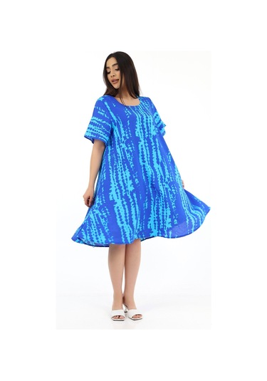 Schık Kadın Viskon Yarım Kol Kare Yaka Elbise Mavi Mavi
