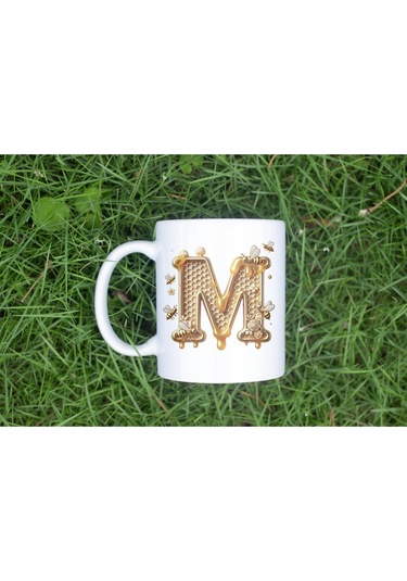 M Harfi Bal Arısı Tasarım Kupa Bardak - Bal Ve Petek Desenli Kişiye Özel Kahve Kupası - Hediyelik Beyaz